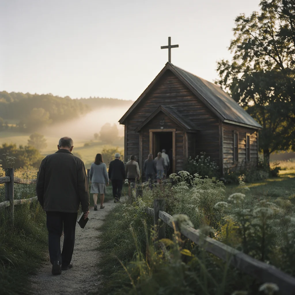 Small Wooden Chapel on Autumn Country Lane