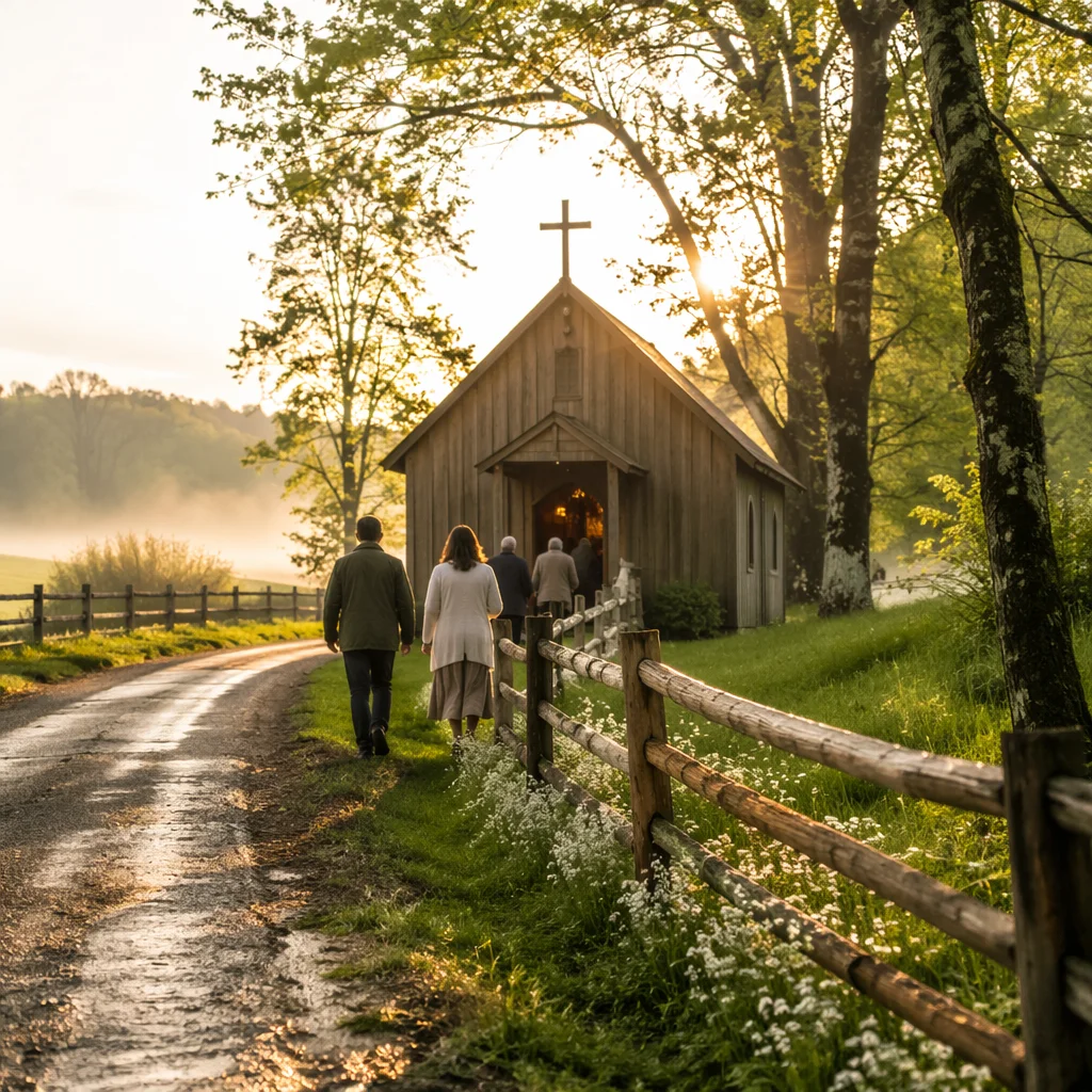 Small Wooden Chapel on a Misty Countryside Morning