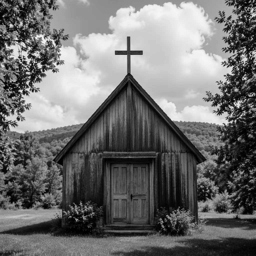 Rustic Countryside Wooden Chapel in Black and White