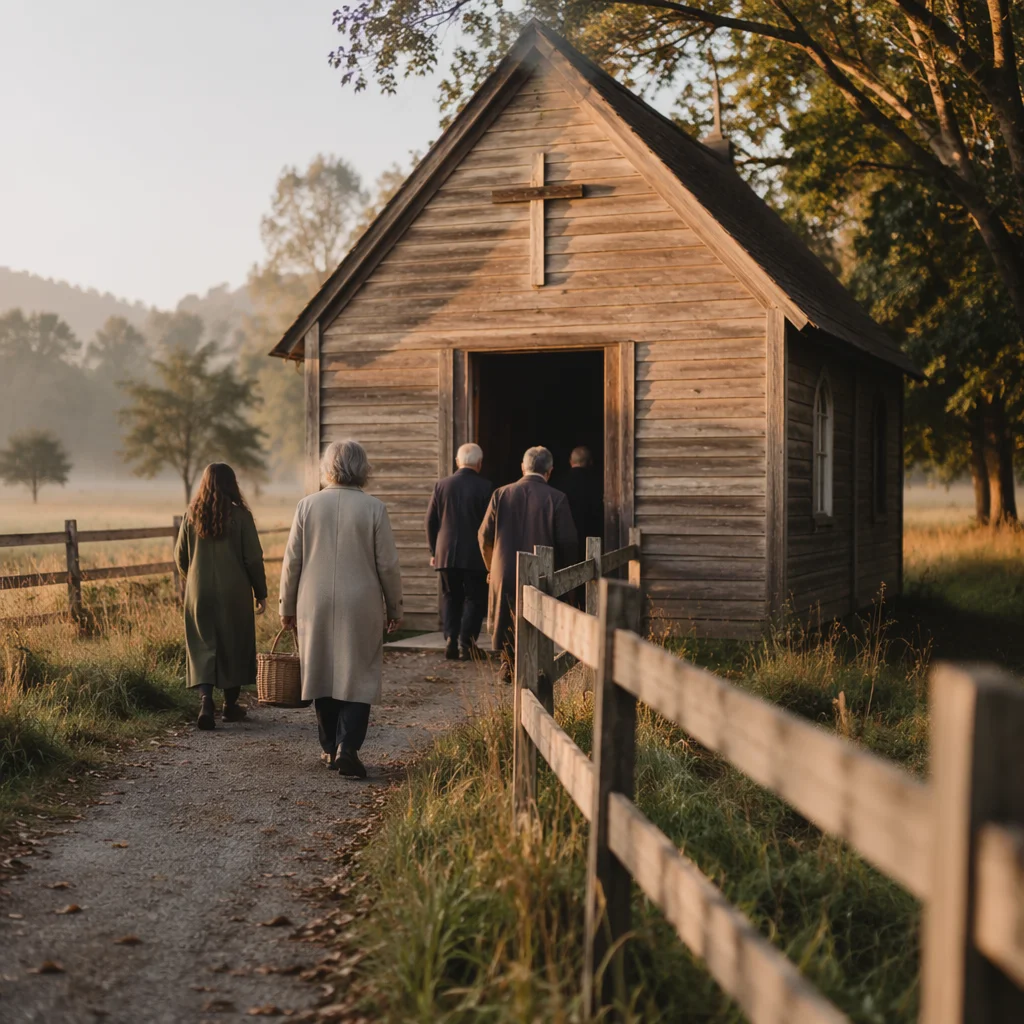 Autumn Morning Wooden Chapel Gathering