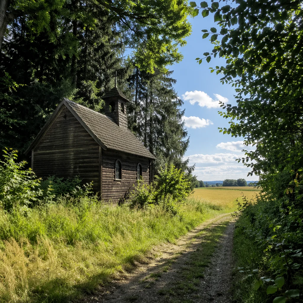 Weathered Wooden Chapel in Summer Countryside