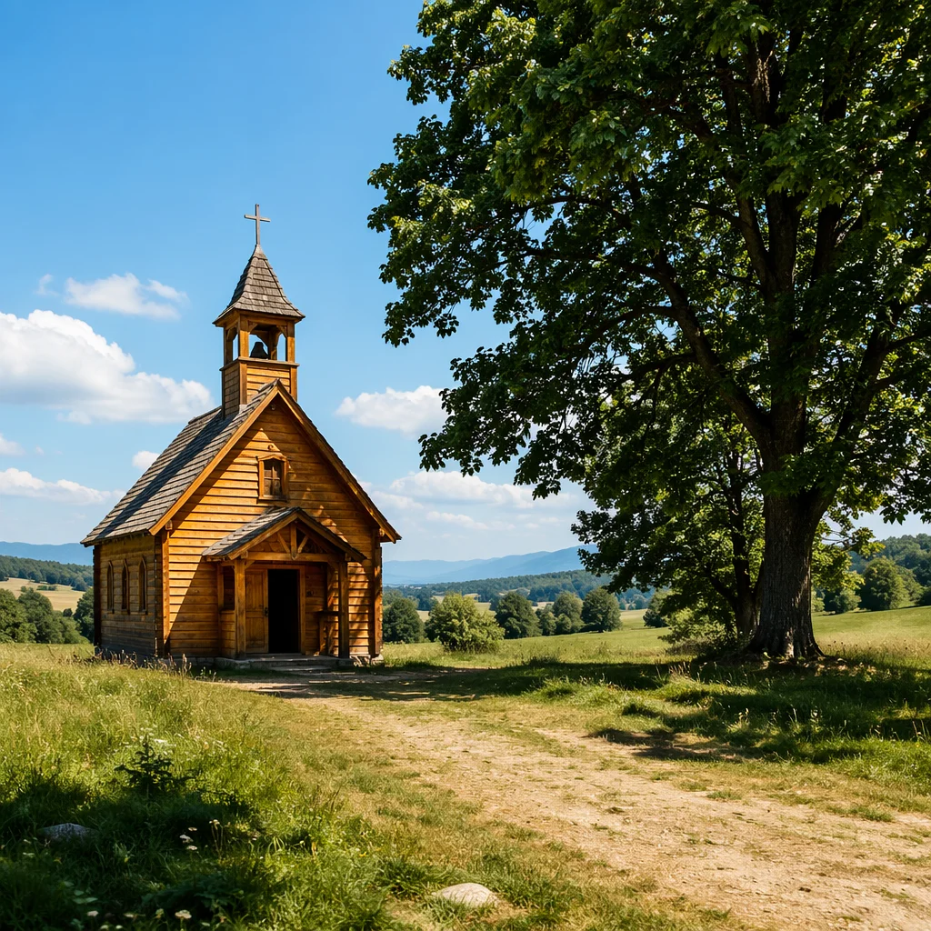 Rustic Countryside Chapel Under Summer Tree