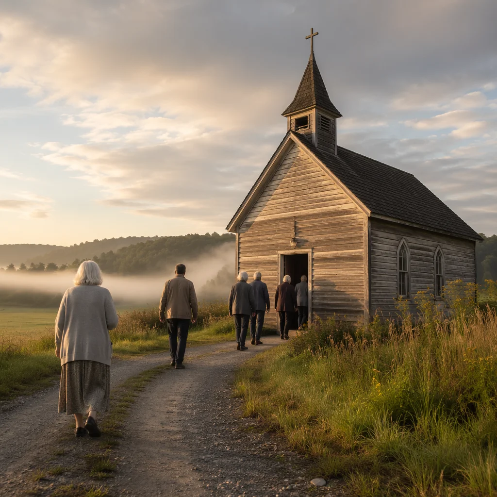 Small Wooden Chapel in Misty Countryside