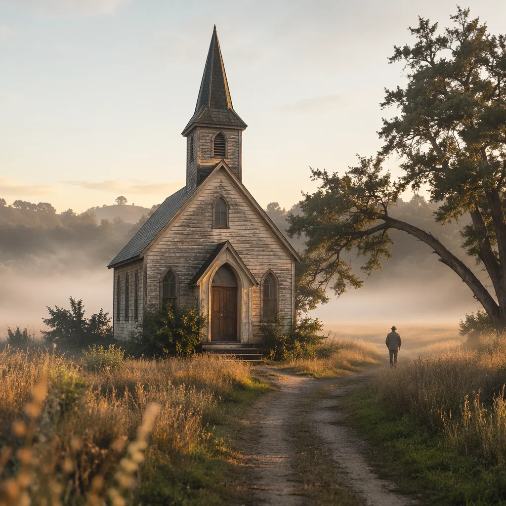 Small Wooden Chapel in Misty Countryside Meadow