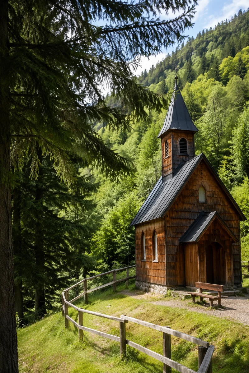 Rustic Wooden Chapel in Mountain Forest