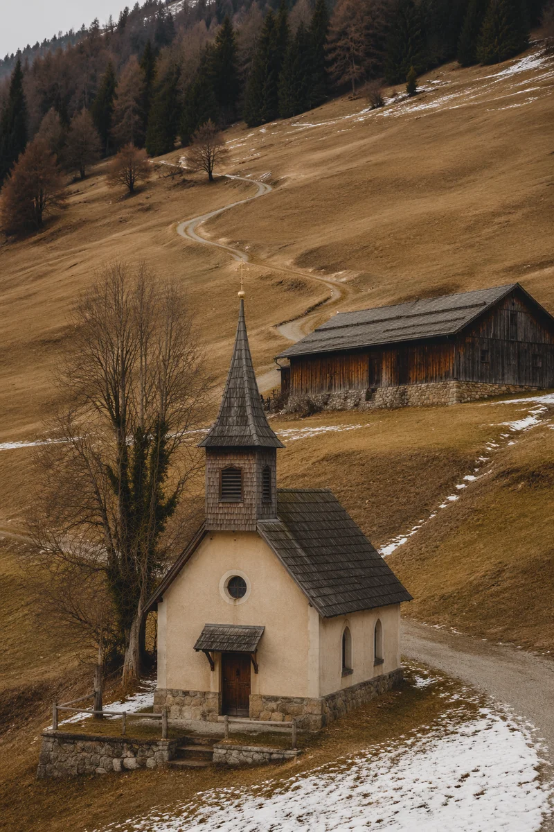 Small Wooden Chapel in Winter Countryside