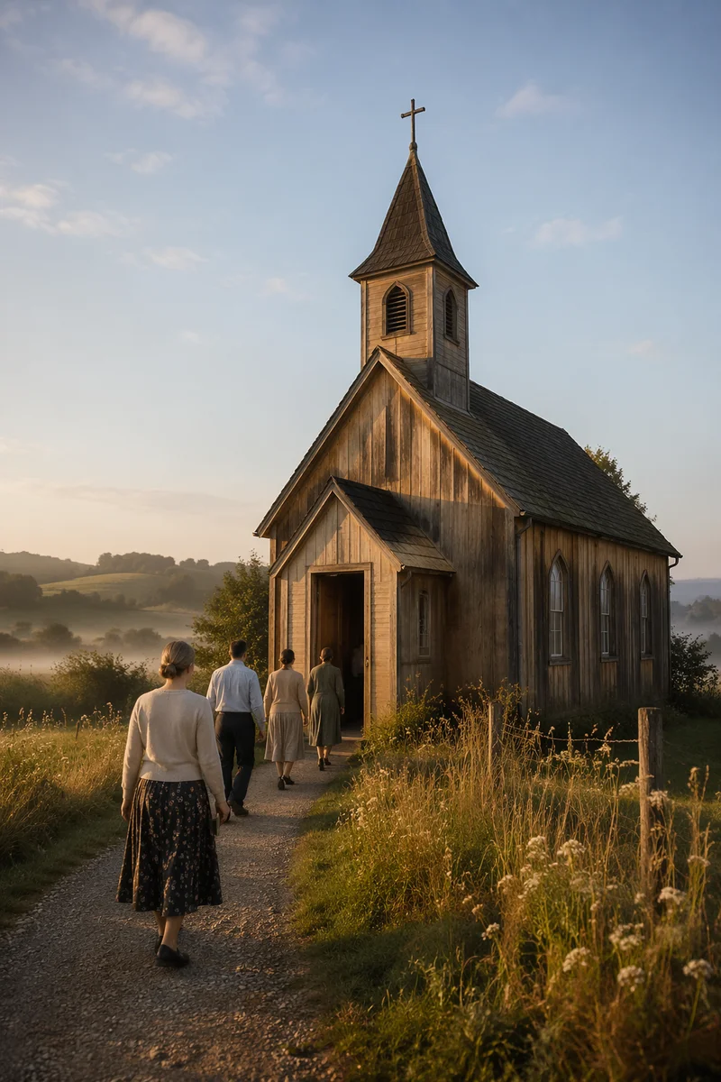 Small Wooden Chapel in Morning Countryside