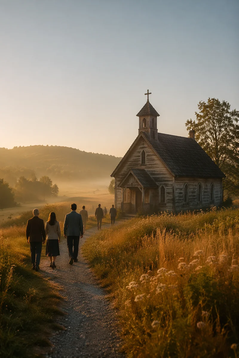 Countryside Wooden Chapel at Autumn Sunrise