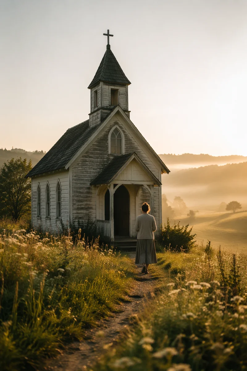 Sunrise Wooden Chapel in Quiet Countryside