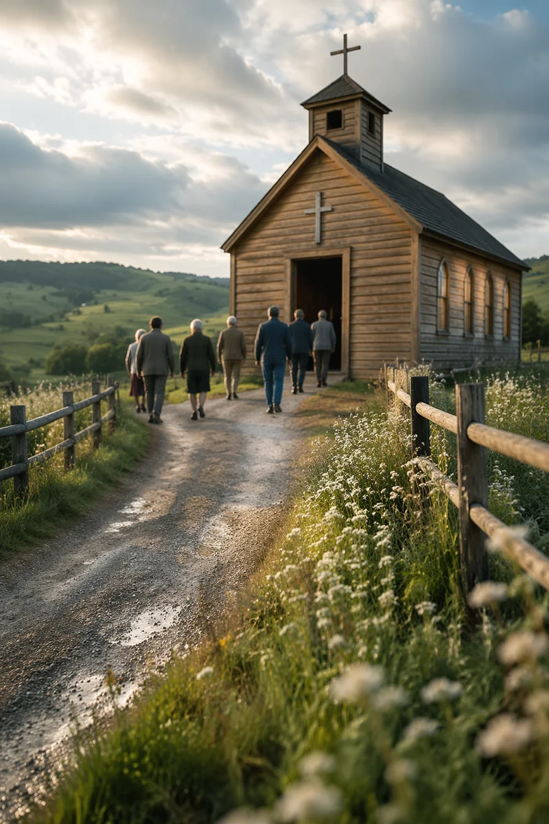 Small Wooden Chapel in Spring Countryside