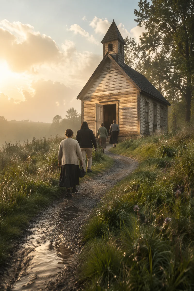 Wooden Countryside Chapel at Misty Sunrise