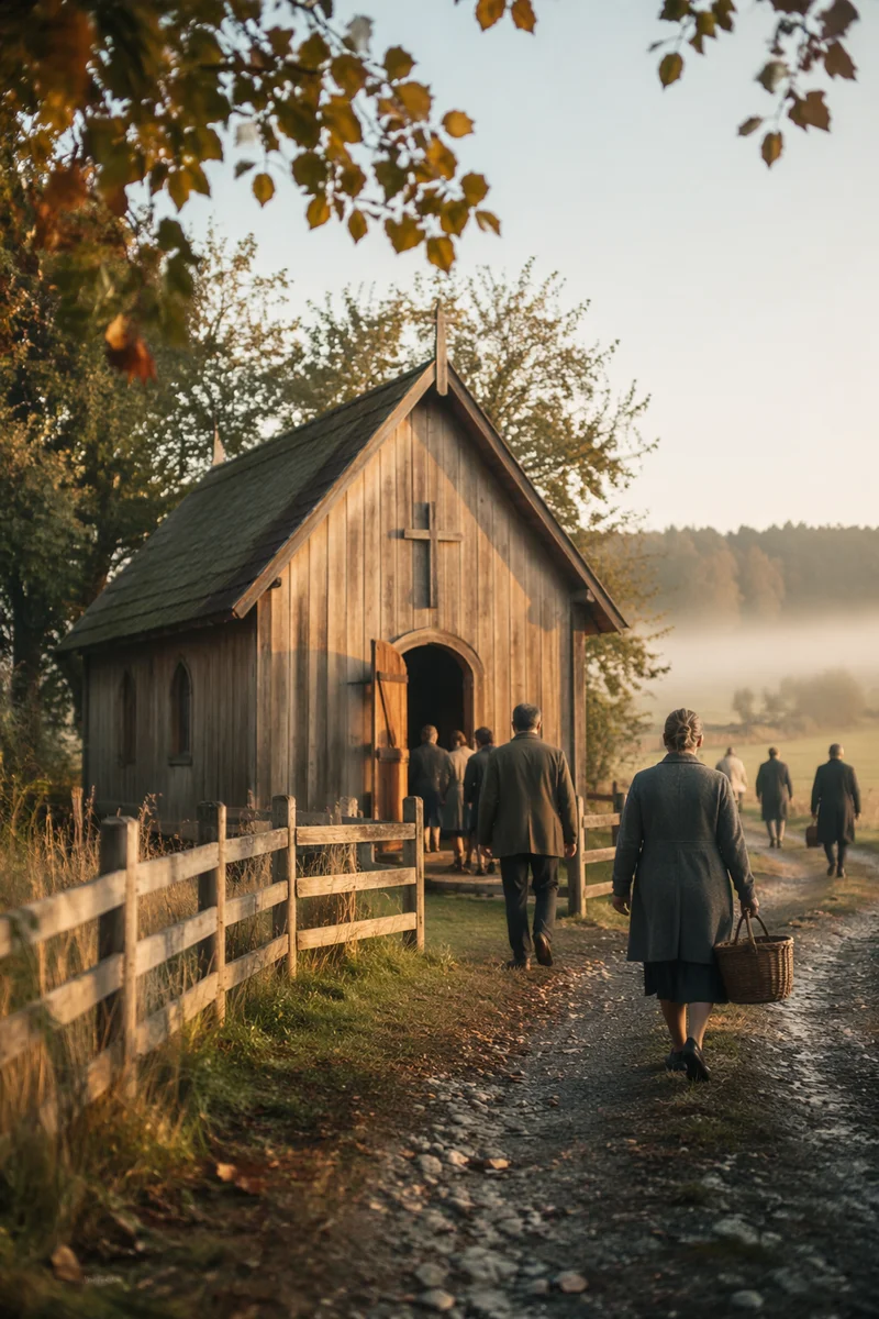 Small Wooden Chapel on Misty Countryside Lane