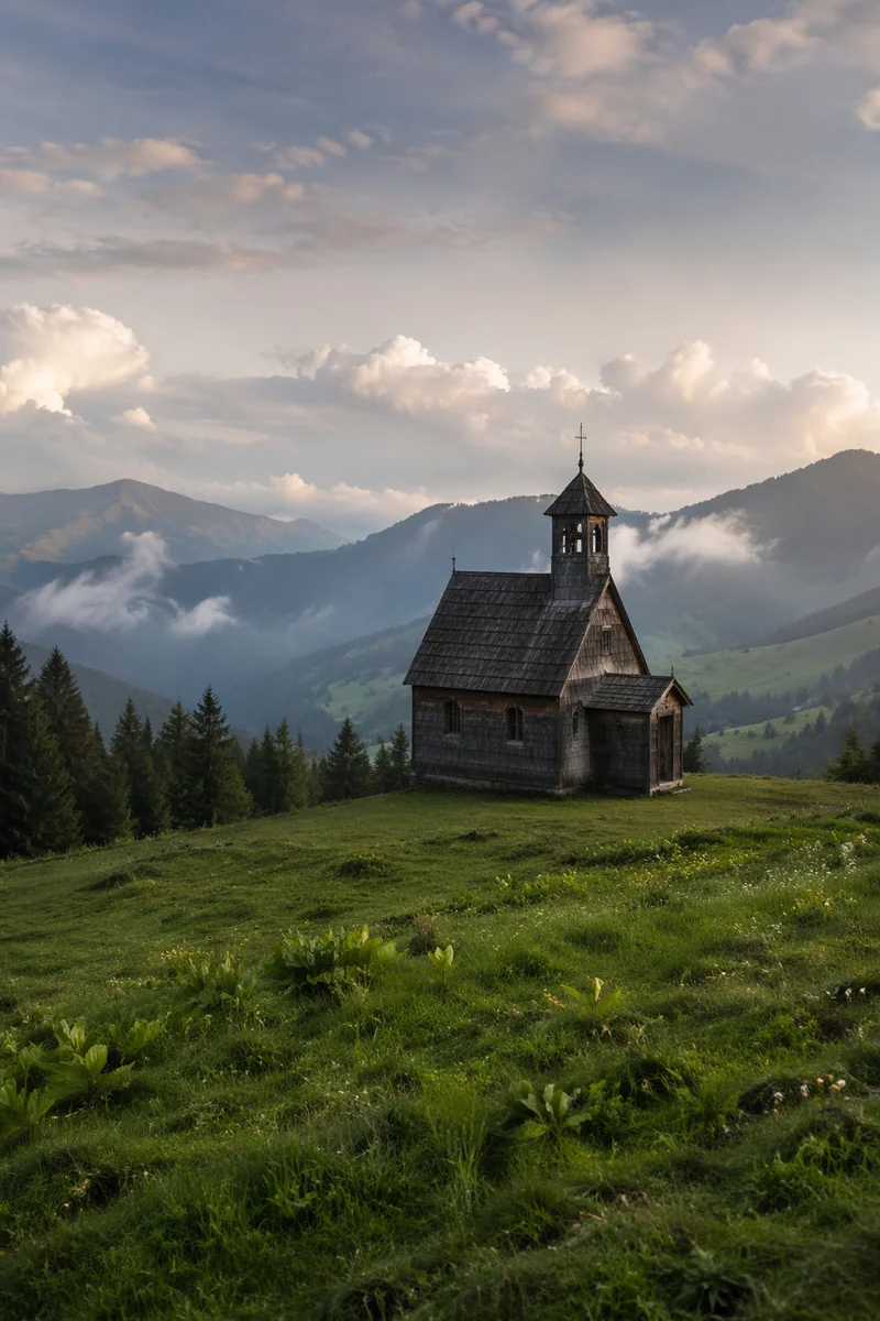 Small Wooden Chapel on Misty Countryside Hill