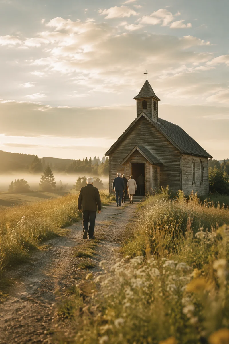 Small Wooden Countryside Chapel at Sunrise