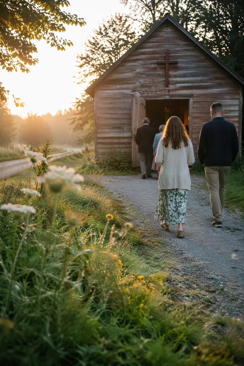 Sunrise Wooden Chapel on Country Lane