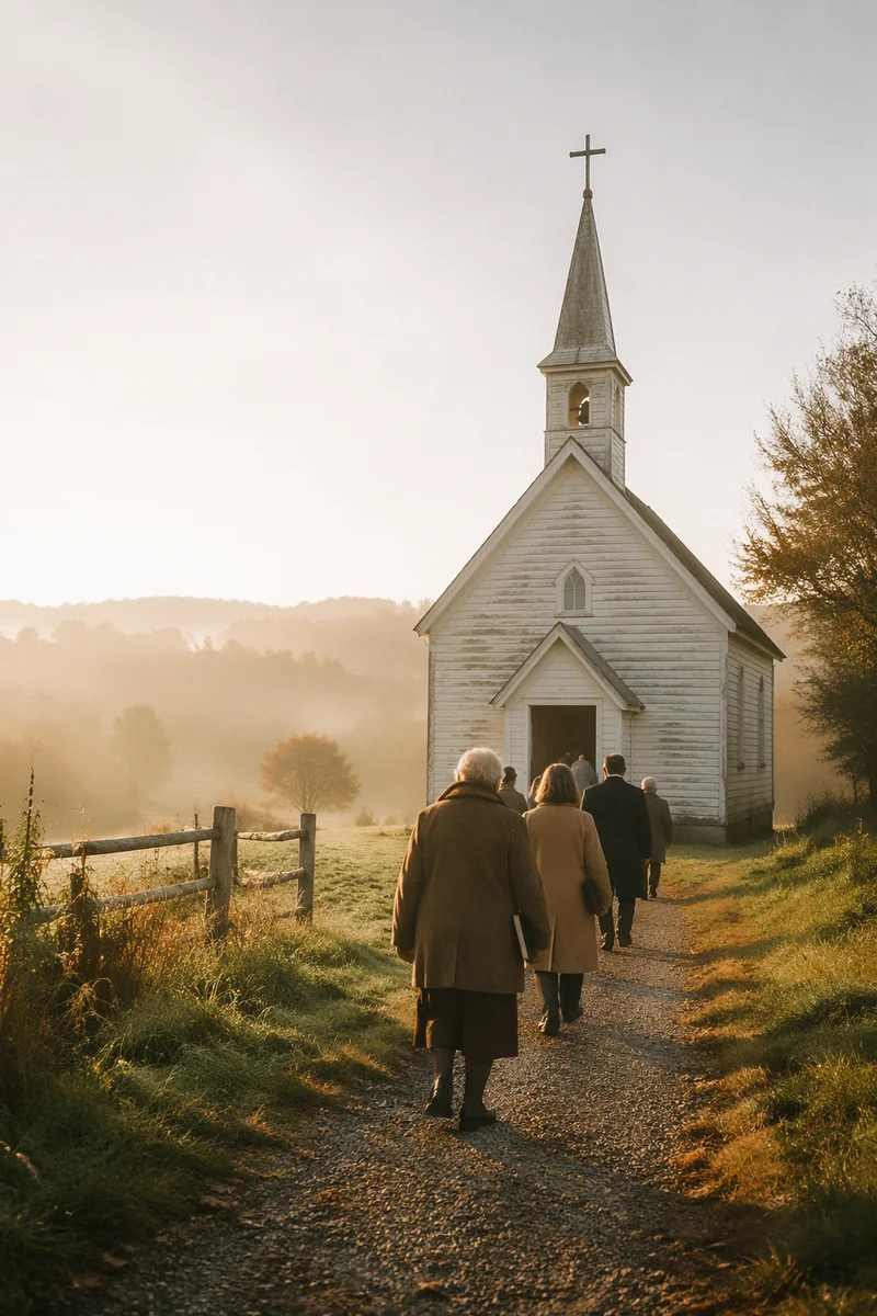 Small Wooden Chapel in Misty Countryside