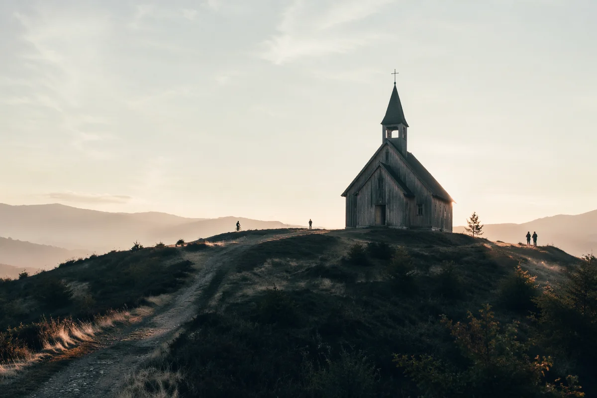 Small Wooden Chapel on Countryside Hill
