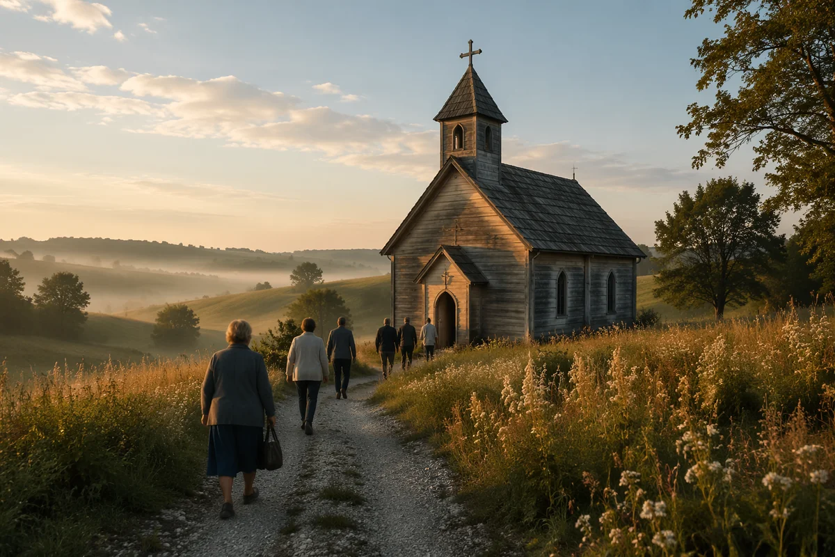 Small Wooden Chapel at Autumn Sunrise