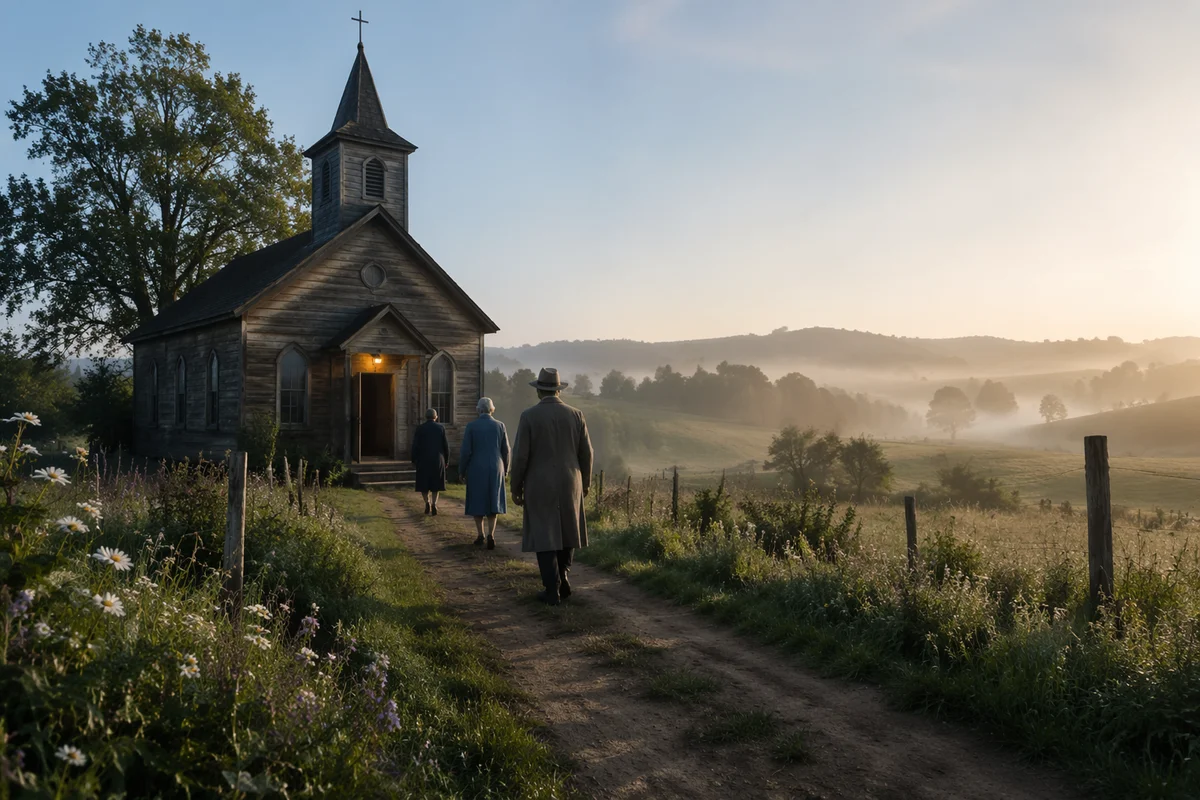 Rural Wooden Chapel at Dawn Gathering