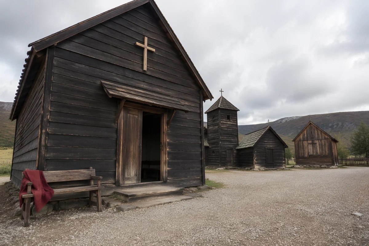 Weathered Wooden Countryside Chapel on Sunday Morning