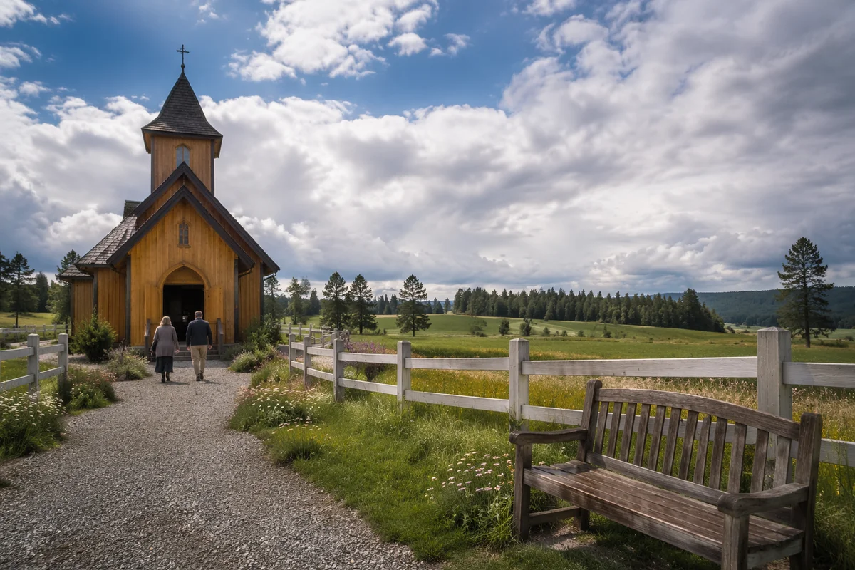Countryside Wooden Chapel With Gravel Path