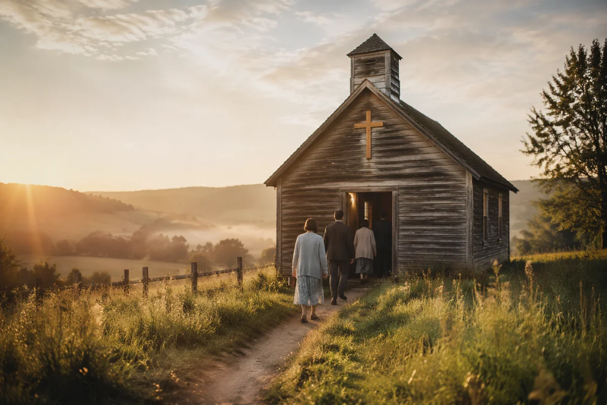 Weathered Wooden Chapel at Sunrise