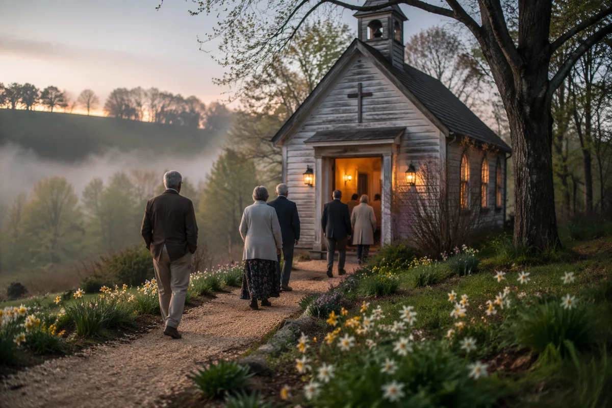 Misty Countryside Chapel with Welcoming Morning Light