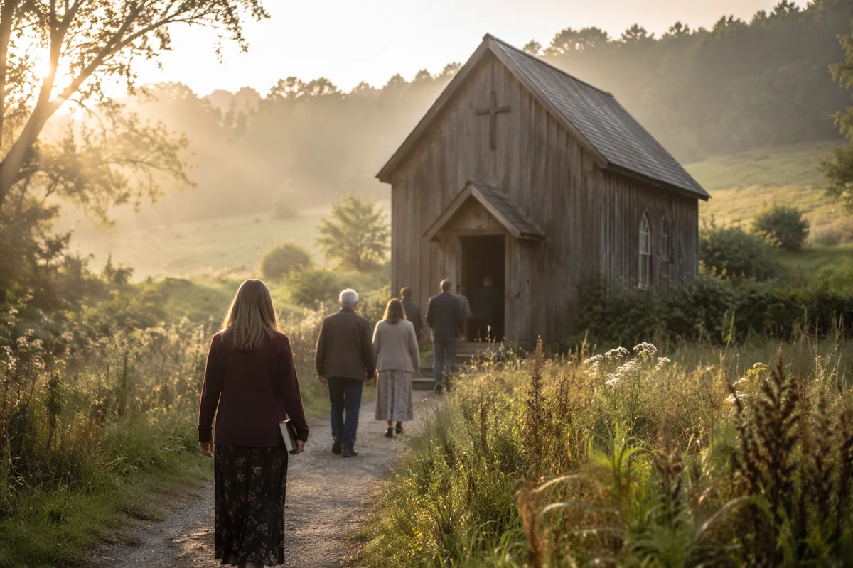 Small Wooden Countryside Chapel at Dawn