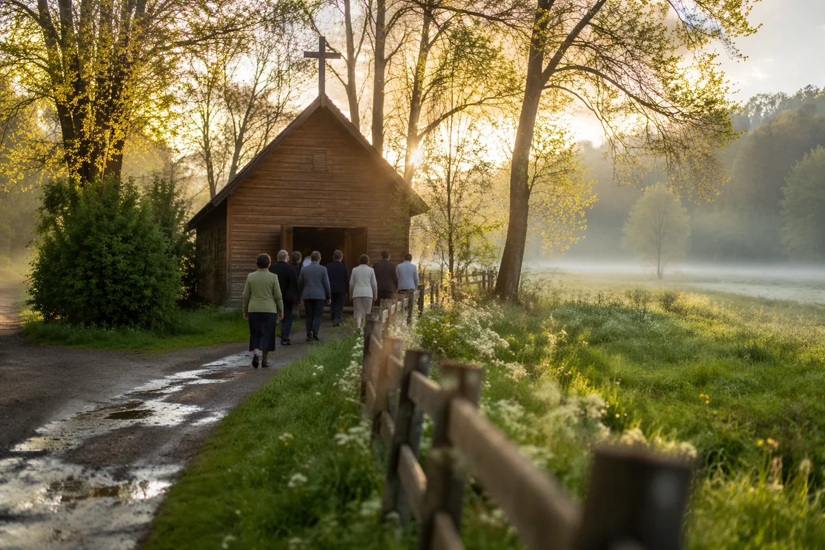 Small Wooden Chapel on a Misty Country Morning