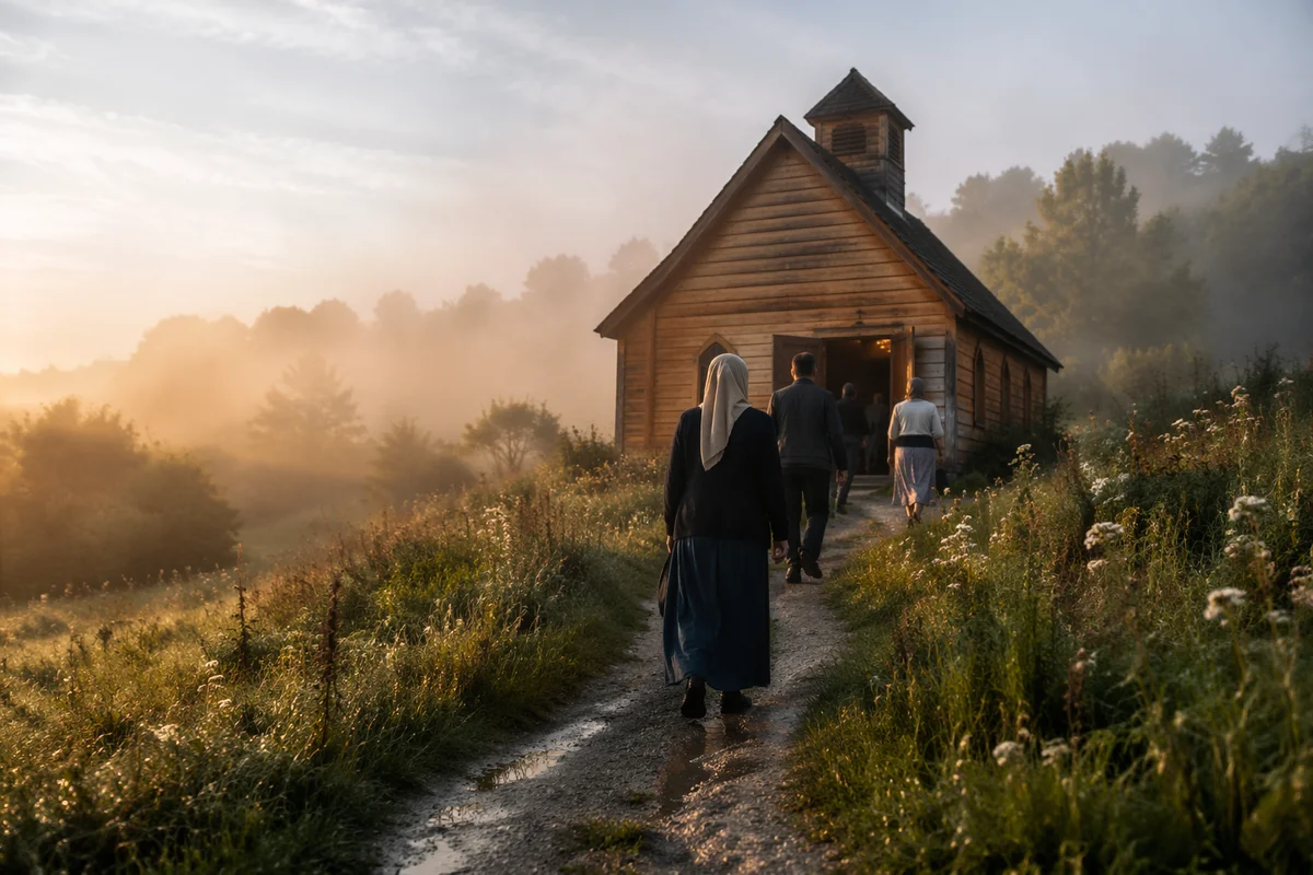 Small Wooden Chapel on Misty Countryside Hill