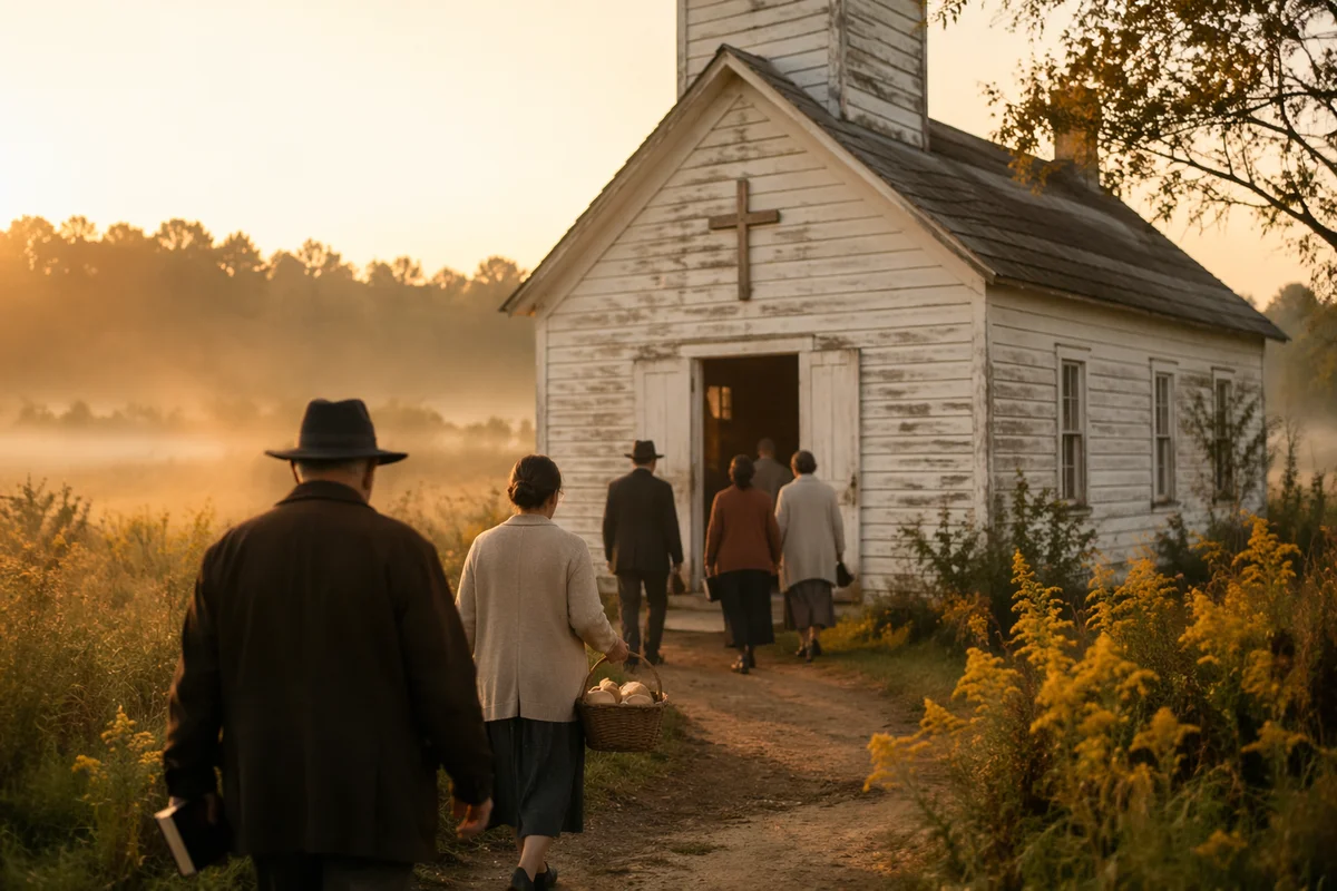Rustic Countryside Chapel at Sunday Sunrise