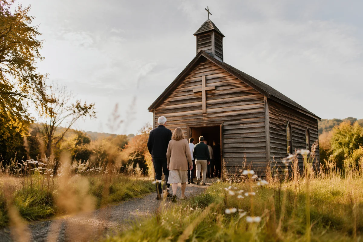Countryside Wooden Chapel in Autumn Light