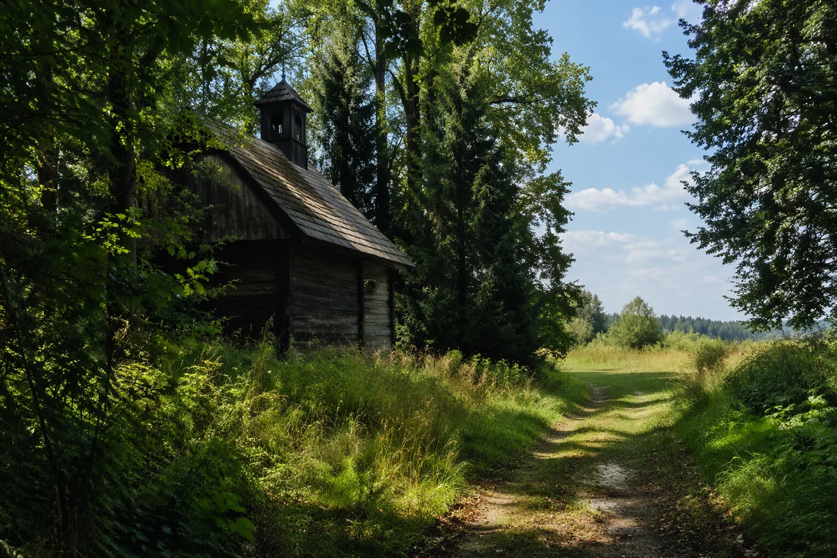 Small Wooden Chapel in Summer Countryside