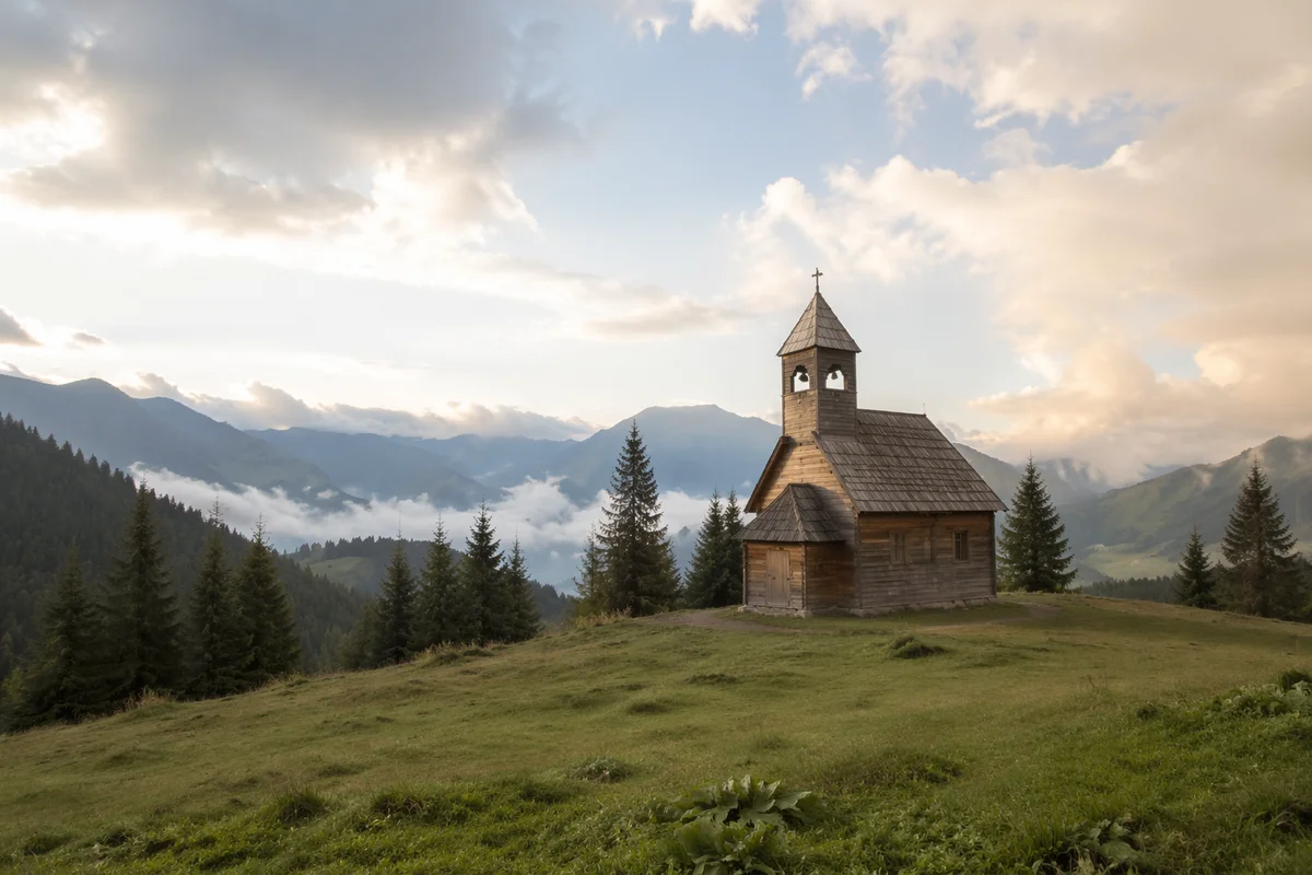 Small Wooden Chapel on Misty Countryside Hill