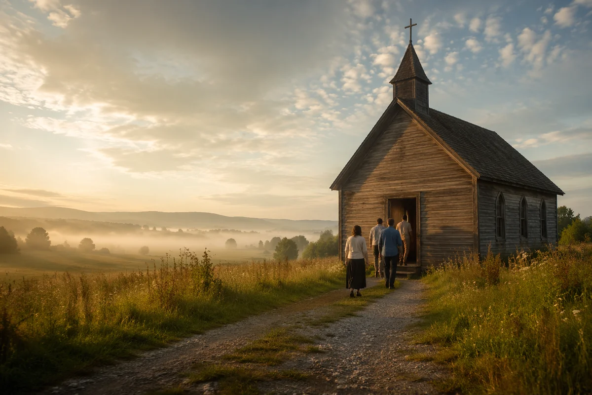 Small Wooden Chapel in Misty Countryside
