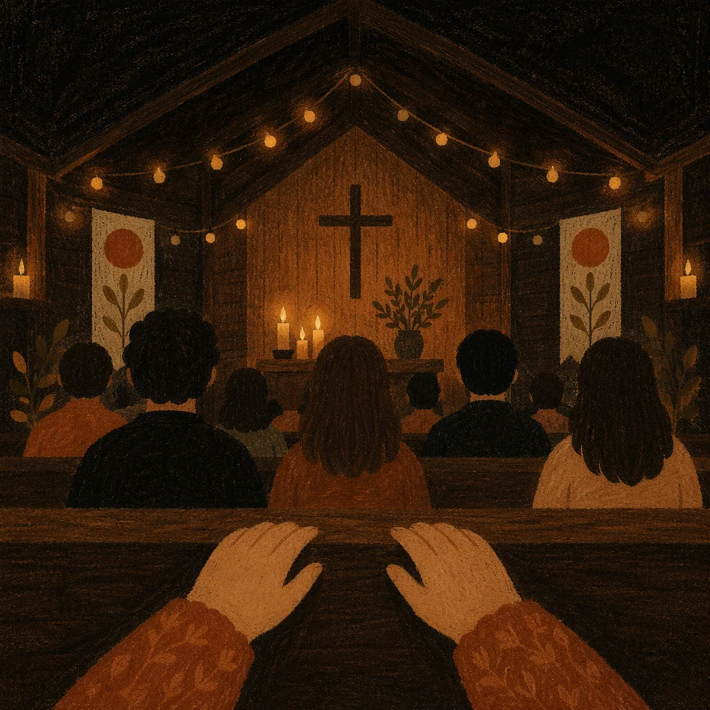 Golden Bokeh in Wooden Chapel Interior