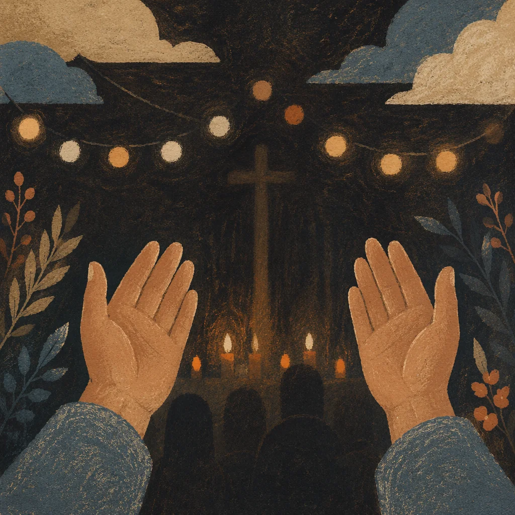 Raised Hands with Warm Chapel Bokeh
