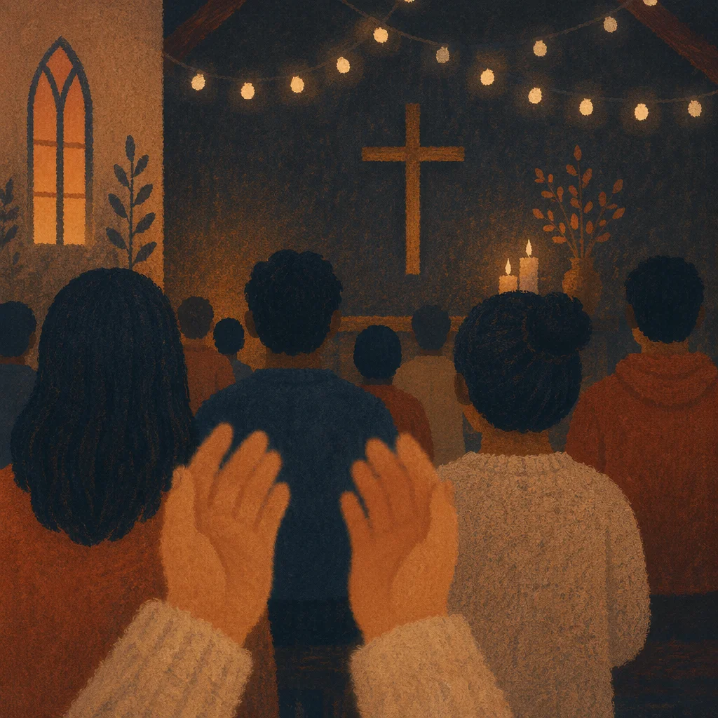 Raised Hands in Dim Chapel Bokeh
