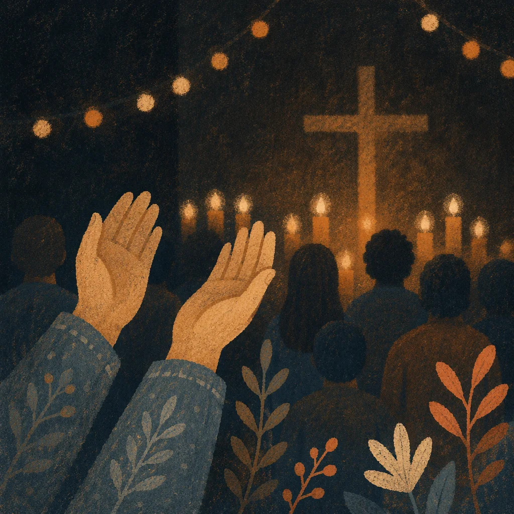 Raised Hands in Dim Chapel Light