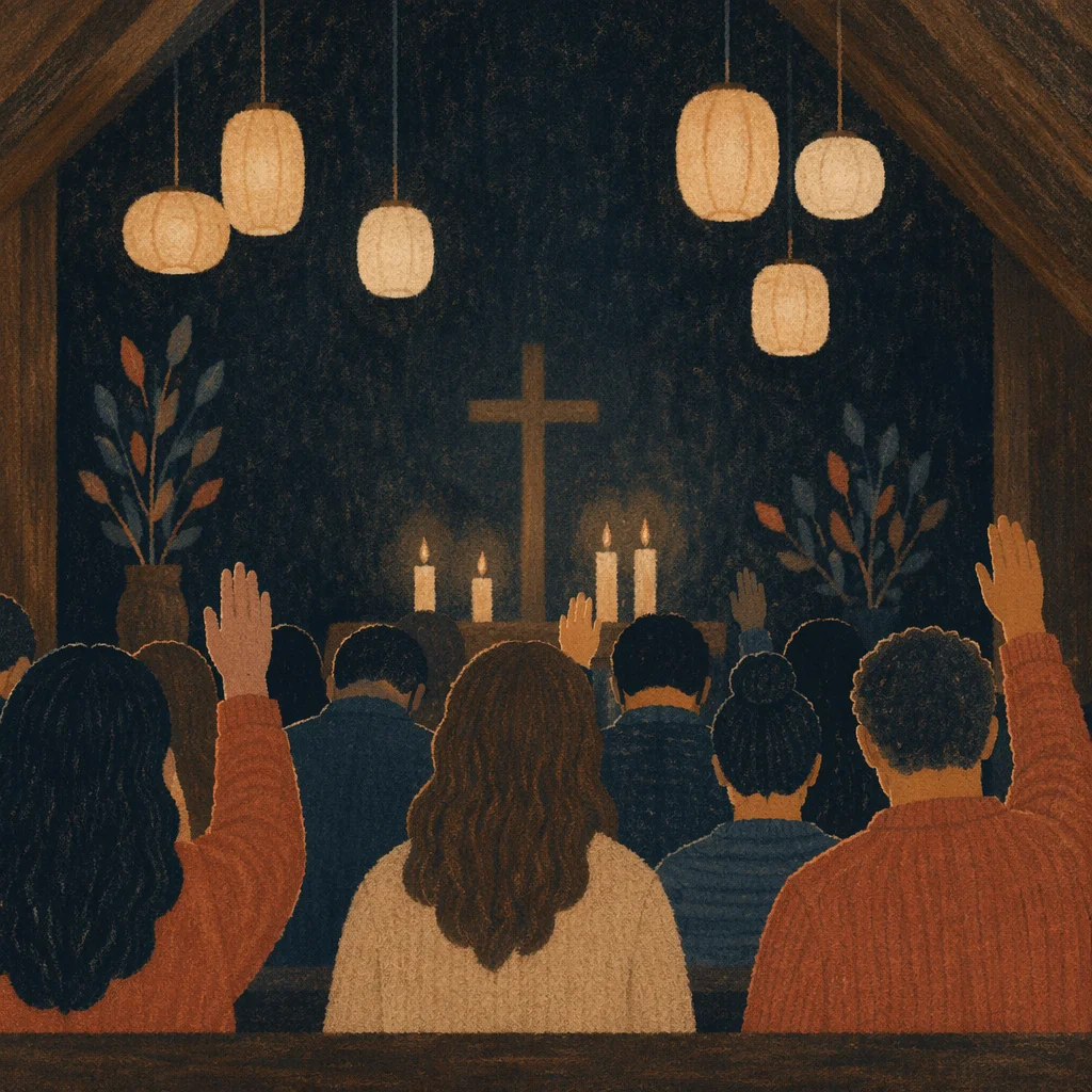 Soft Bokeh Lights in Wooden Chapel