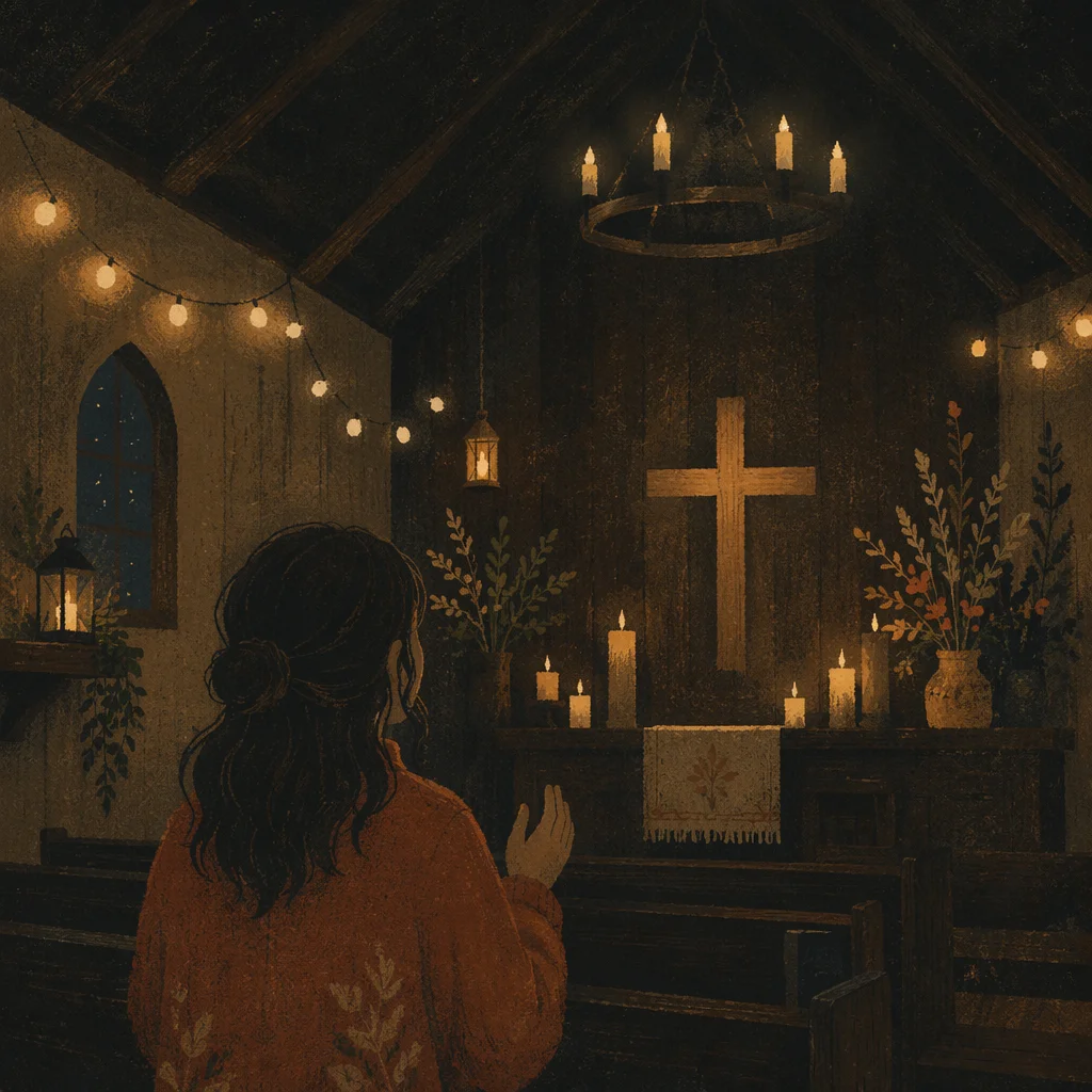 Silhouetted Figure Facing Glowing Chapel Cross