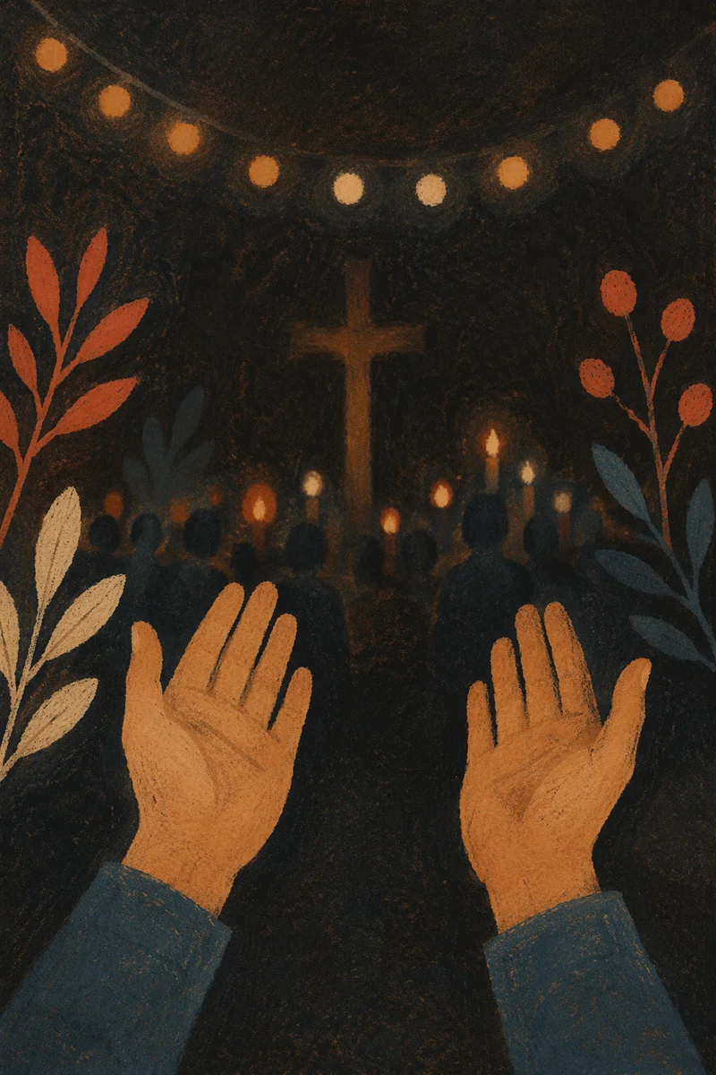 Raised Hands with Warm Chapel Bokeh