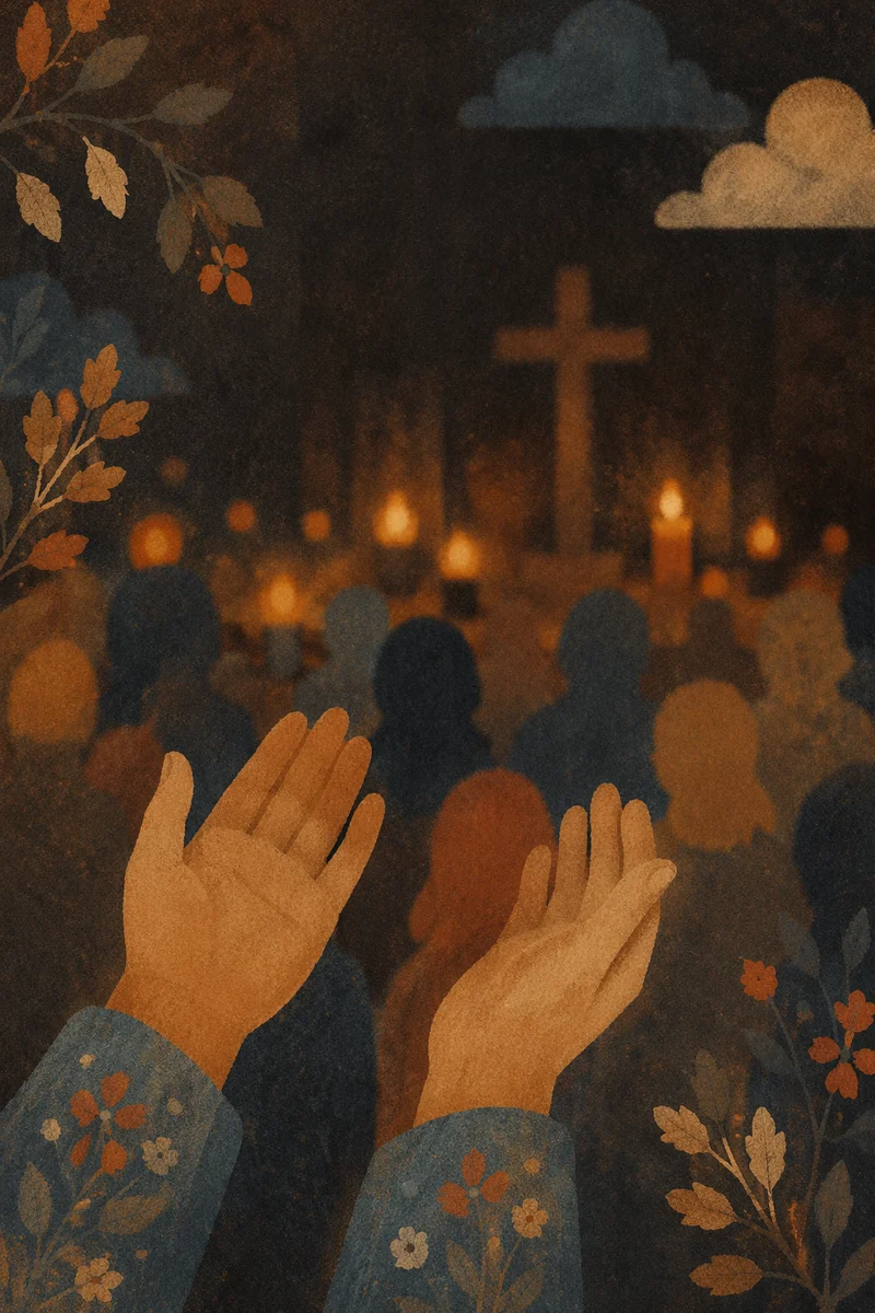Raised Hands in Warm Chapel Bokeh