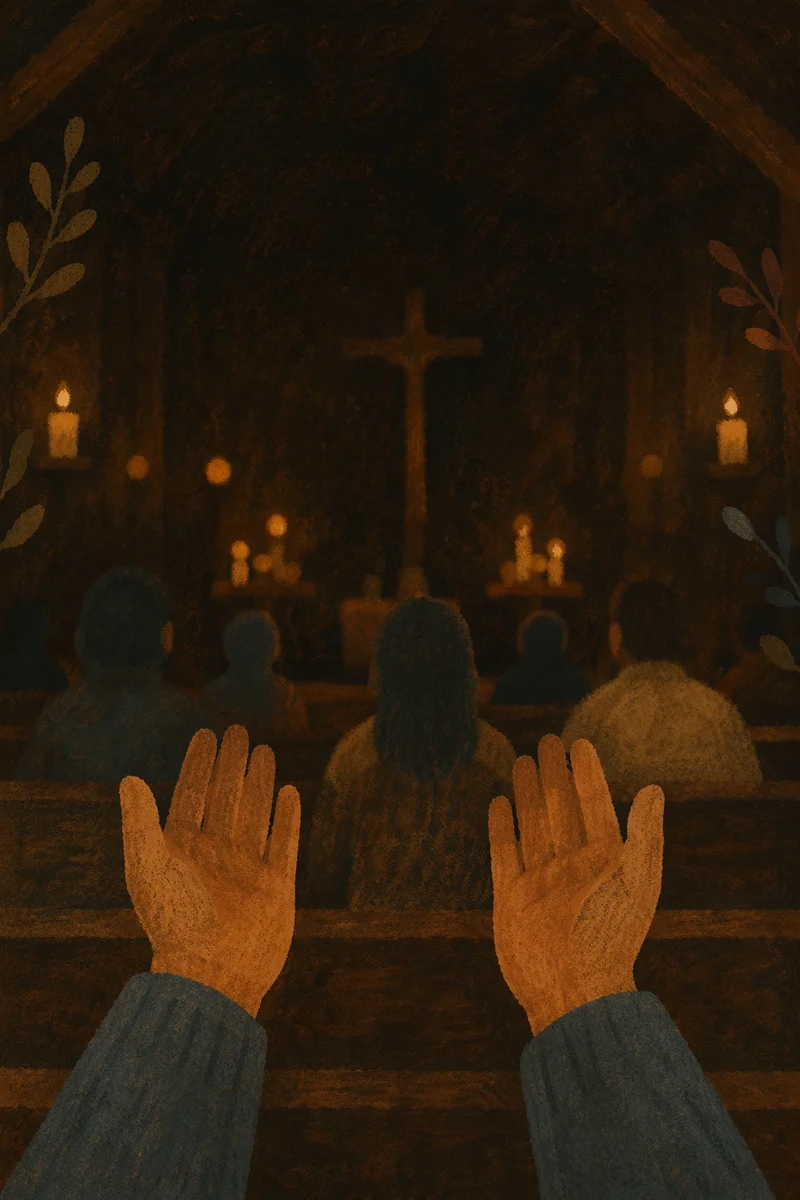 Silhouetted Hands in Dim Chapel Light