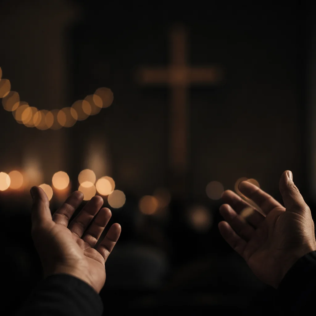 Raised Hands with Warm Chapel Bokeh
