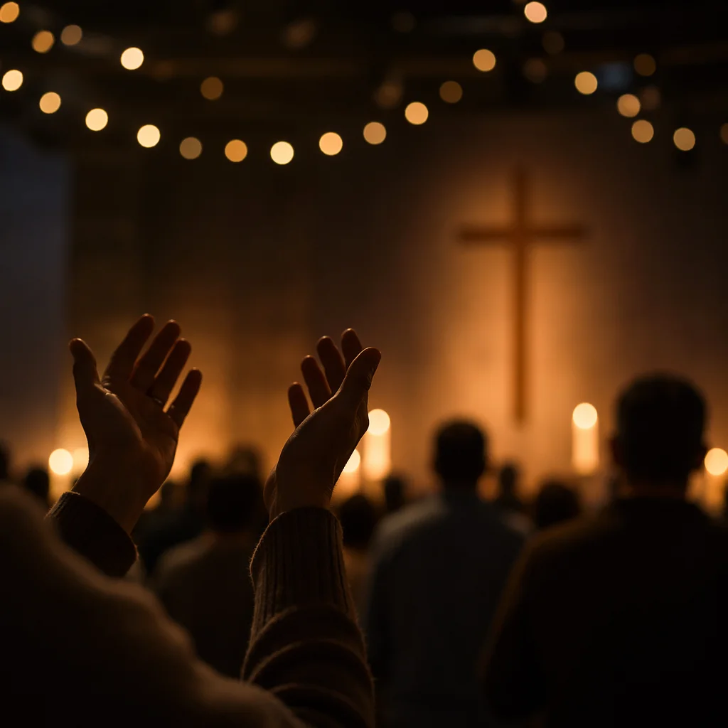 Raised Hands in Dim Chapel Bokeh