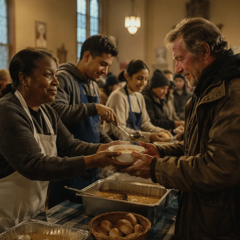 Volunteers Serving Meals in Church Hall