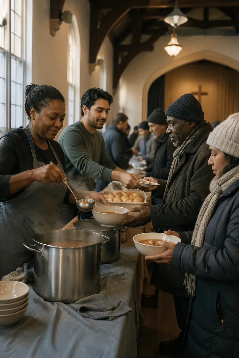 Volunteers Serving Meals in Community Hall
