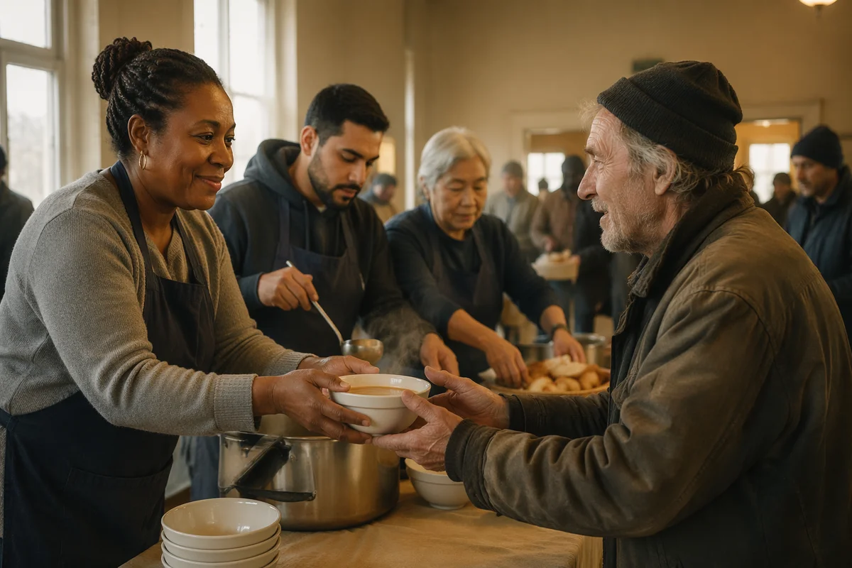 Volunteers Serving Soup in Community Hall