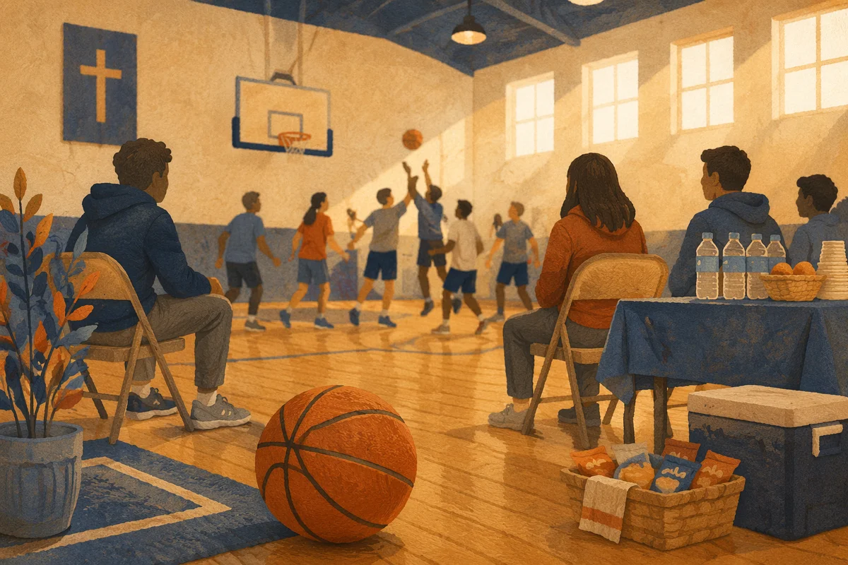 Church Basketball Outreach in Warm Gym Light